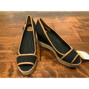 Tory Burch Black Peep Toe Espadrilles Wedge W/ Brown Leather Trim, Size 9.5